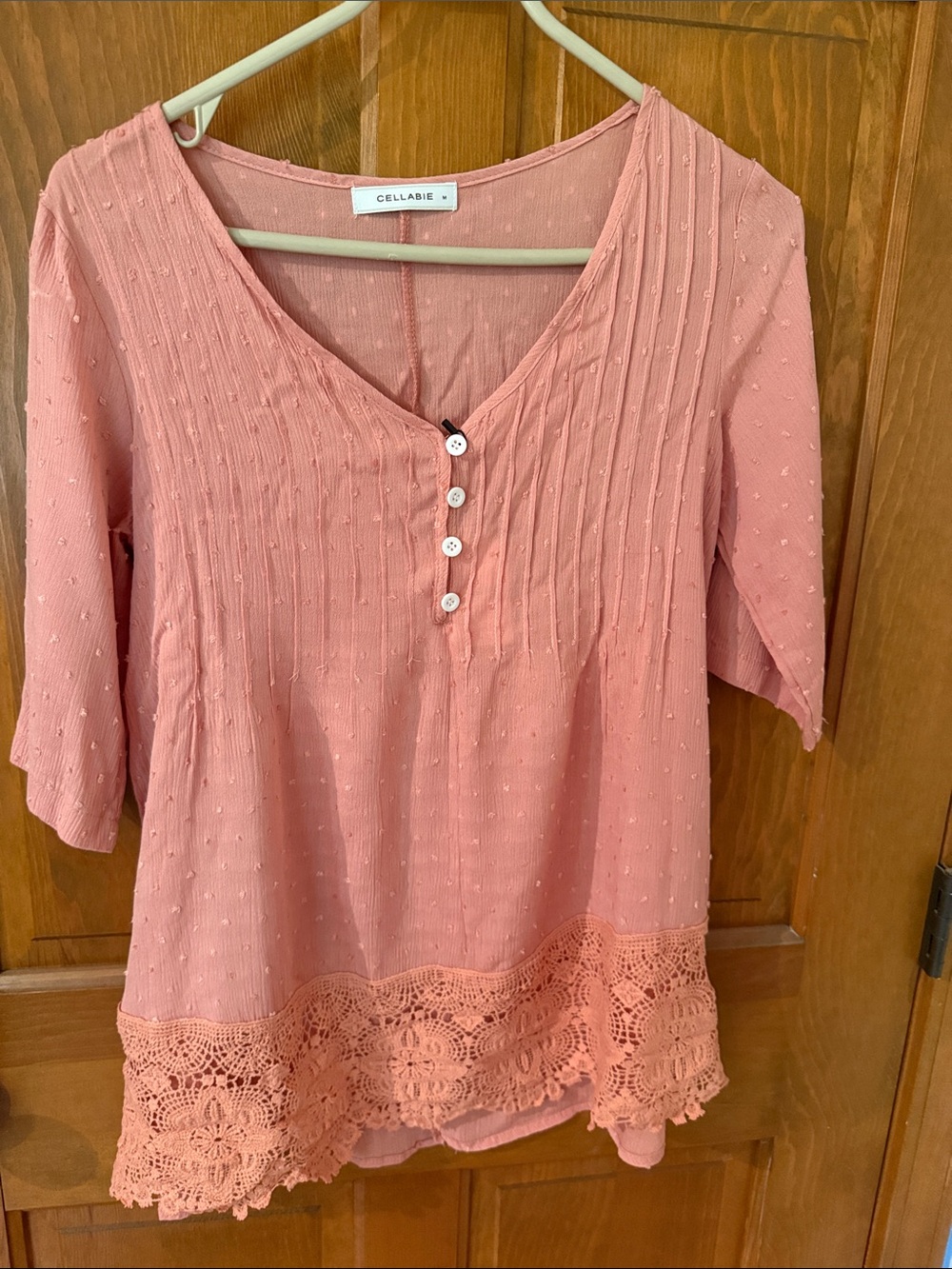 Cellabie Dusty Pink Crochet-Hem V-Neck Blouse